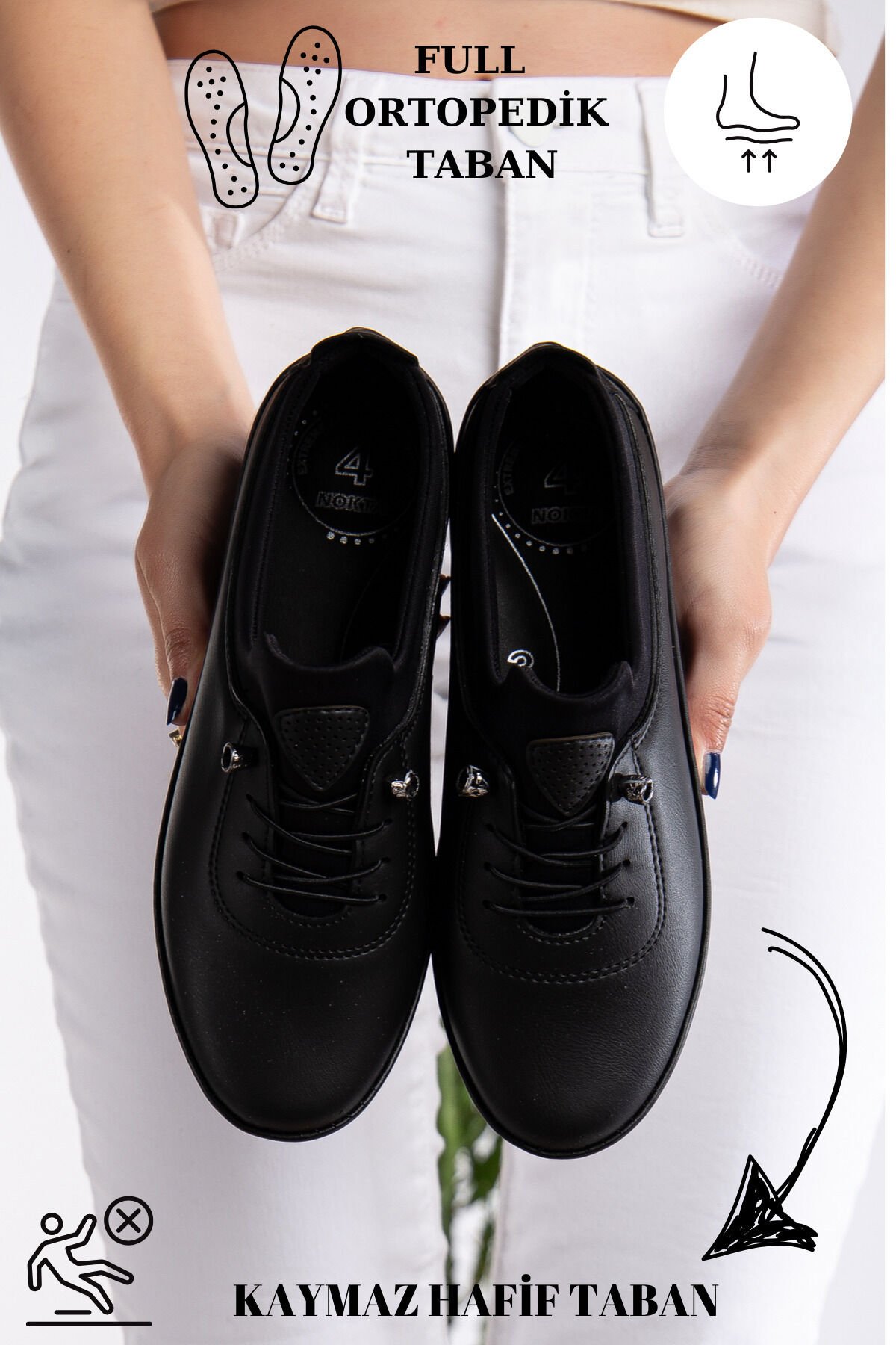 Kadın Ciltli Lastikli Detaylı Anne Ayakkabısı Günlük Ayakkabı Babet SİYAH - 37