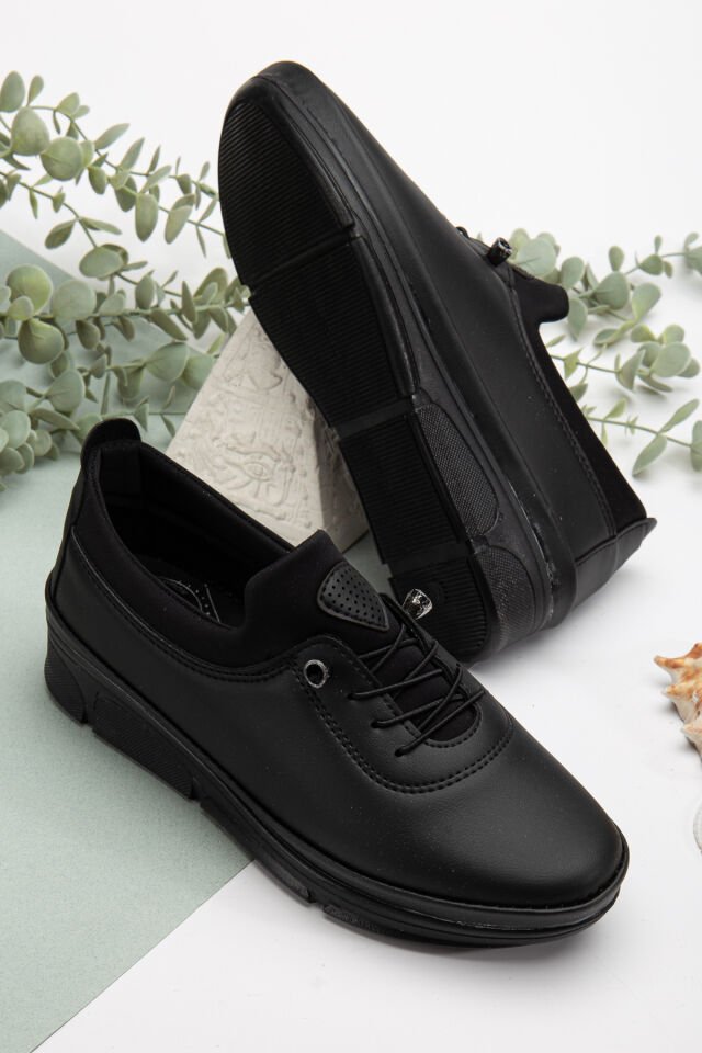 Kadın Ciltli Lastikli Detaylı Anne Ayakkabısı Günlük Ayakkabı Babet SİYAH - 37