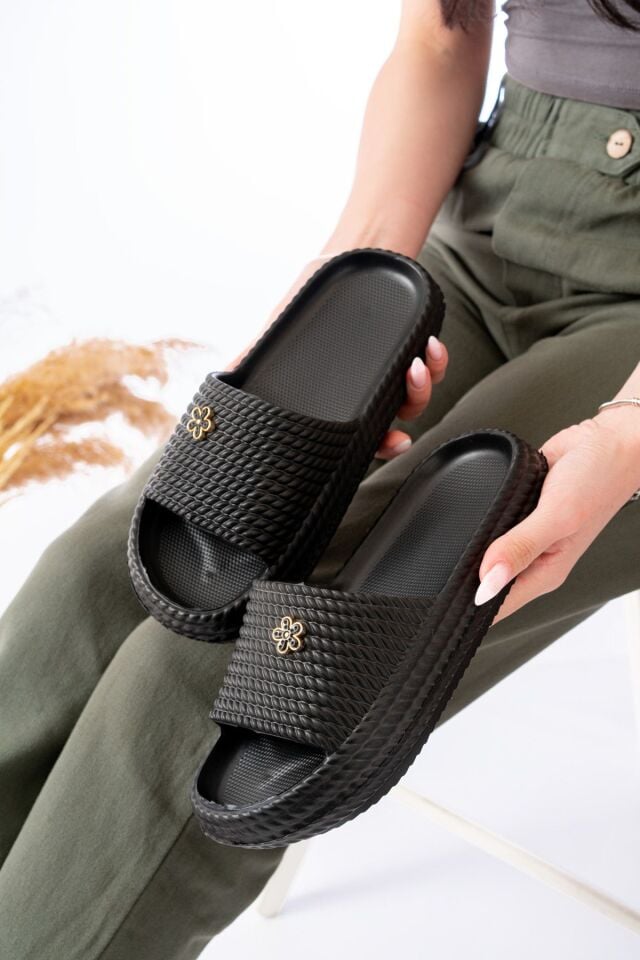 Kadın Yüksek Taban Plaj Havuz Deniz Günlük Terlik TEK TAŞ SİYAH - 39