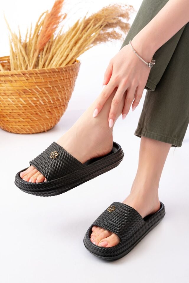 Kadın Yüksek Taban Plaj Havuz Deniz Günlük Terlik TEK TAŞ SİYAH - 39