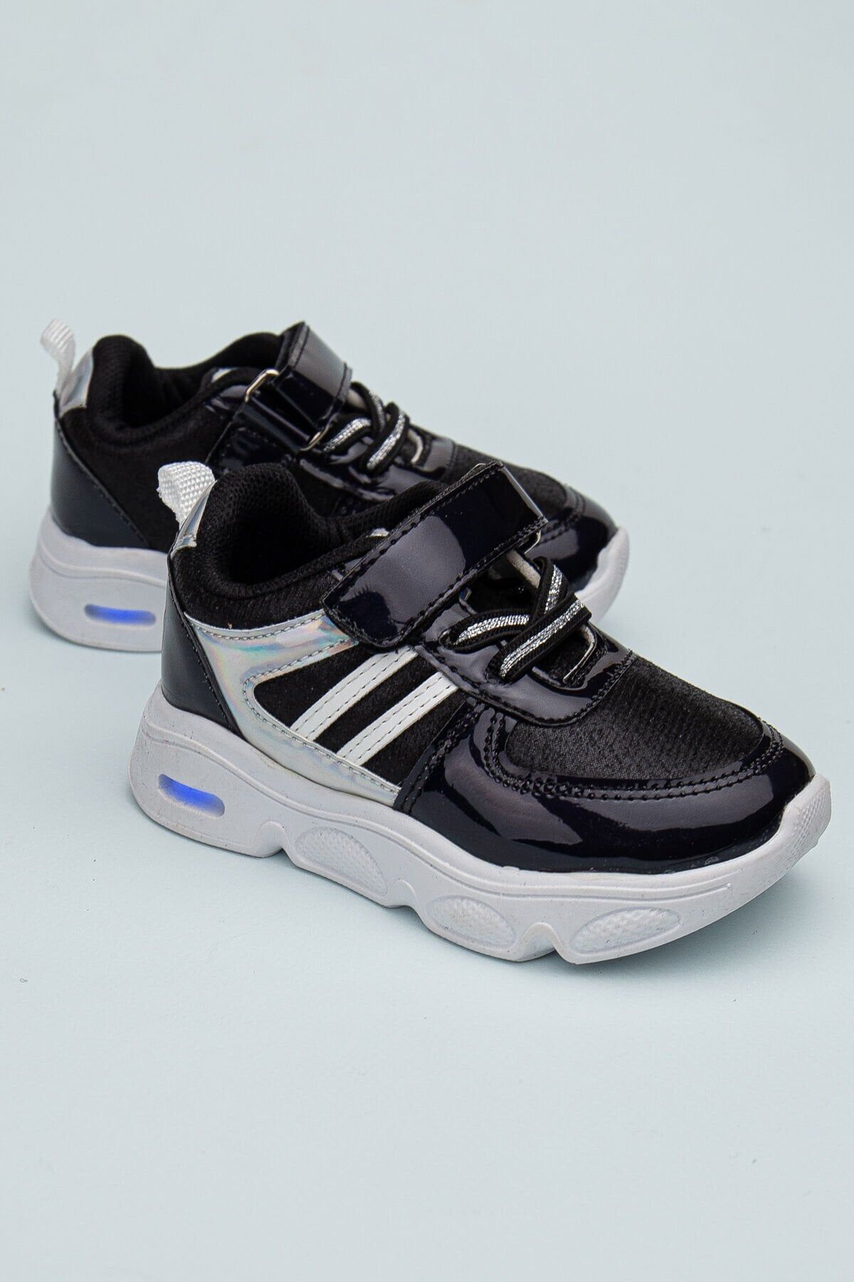 Rahat Hafif Yumuşak Unisex Cırt Cırtlı Işıklı Çocuk Sneaker -Spor Ayakkabı SİYAH-SİYAH - 22