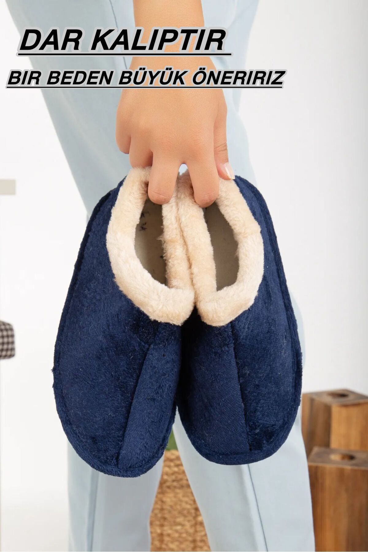 Unisex Peluş Içi Yünlü Kışlık Panduf Ev Pandufu LACİVERT LACİVERT - 38