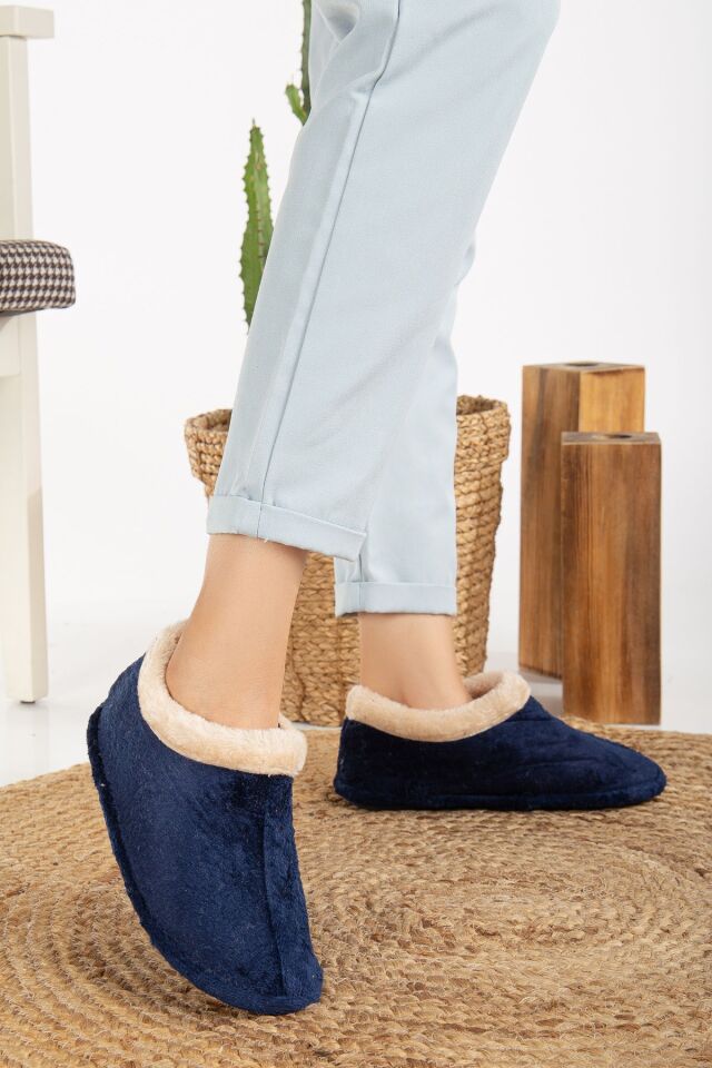 Unisex Peluş Içi Yünlü Kışlık Panduf Ev Pandufu LACİVERT LACİVERT - 38