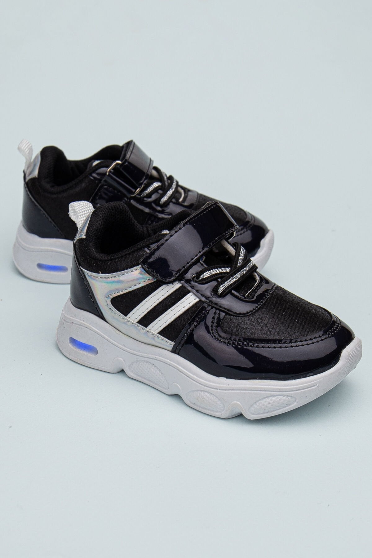 Rahat Hafif Yumuşak Unisex Cırt Cırtlı Işıklı Çocuk Sneaker -Spor Ayakkabı SİYAH-SİYAH - 25