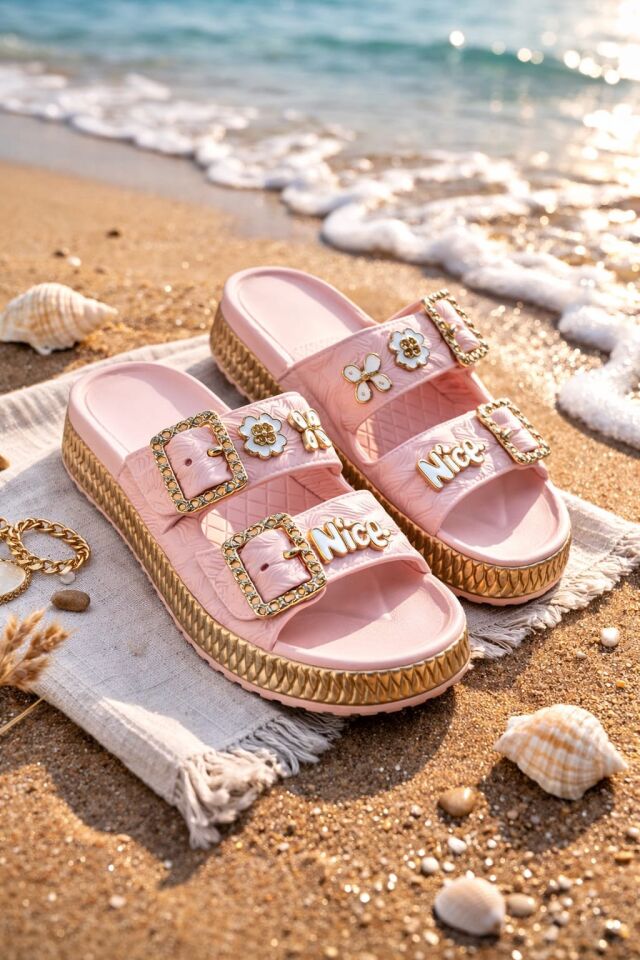 Pastel Gold Altın Toka Detaylı Yüksek Taban Kadın Terlik Plaj Kumsal Havuz Terlik PUDRA - 40