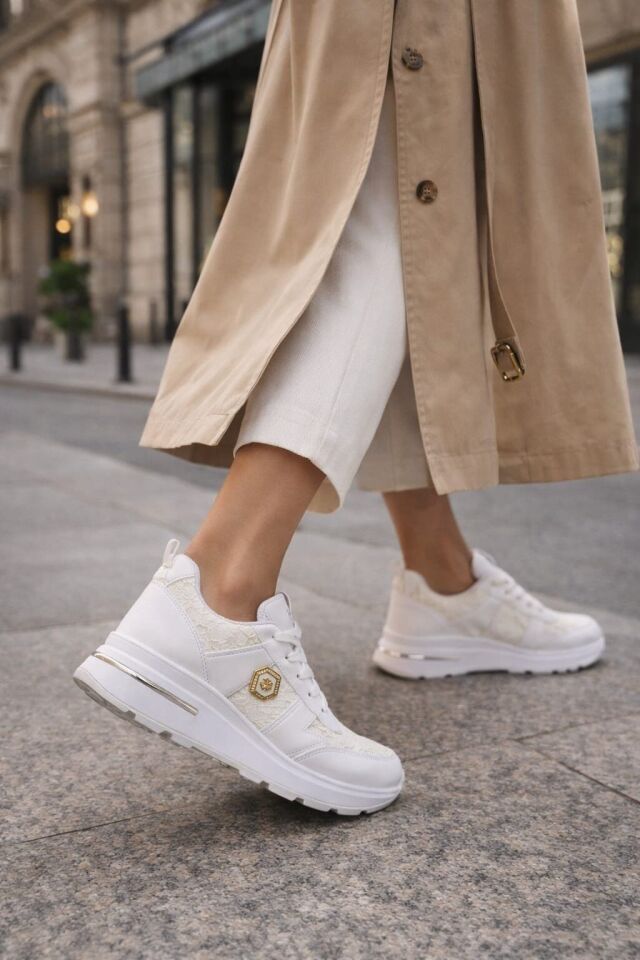 Dantel Detaylı Trend 5 Cm Platform Yüksek Taban Kadın Sneaker Spor Ayakkabı BEYAZ - BEYAZ - 36