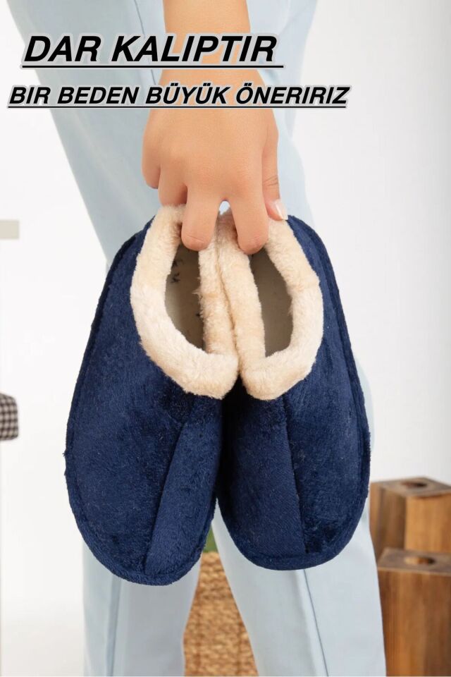 Unisex Peluş Içi Yünlü Kışlık Panduf Ev Pandufu LACİVERT LACİVERT - 42