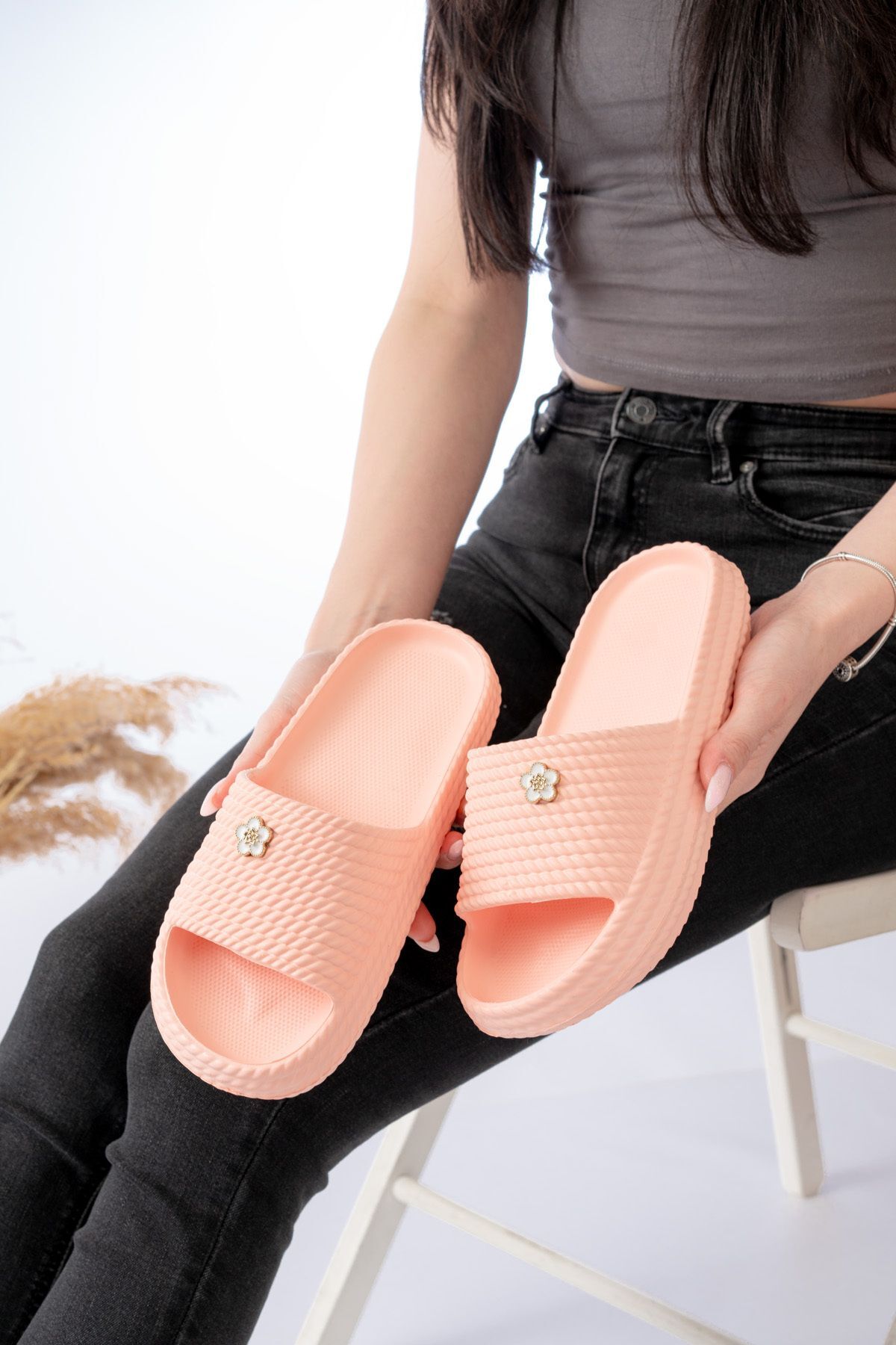 Kadın Yüksek Taban Plaj Havuz Deniz Günlük Terlik TEK TAŞ PUDRA - 40