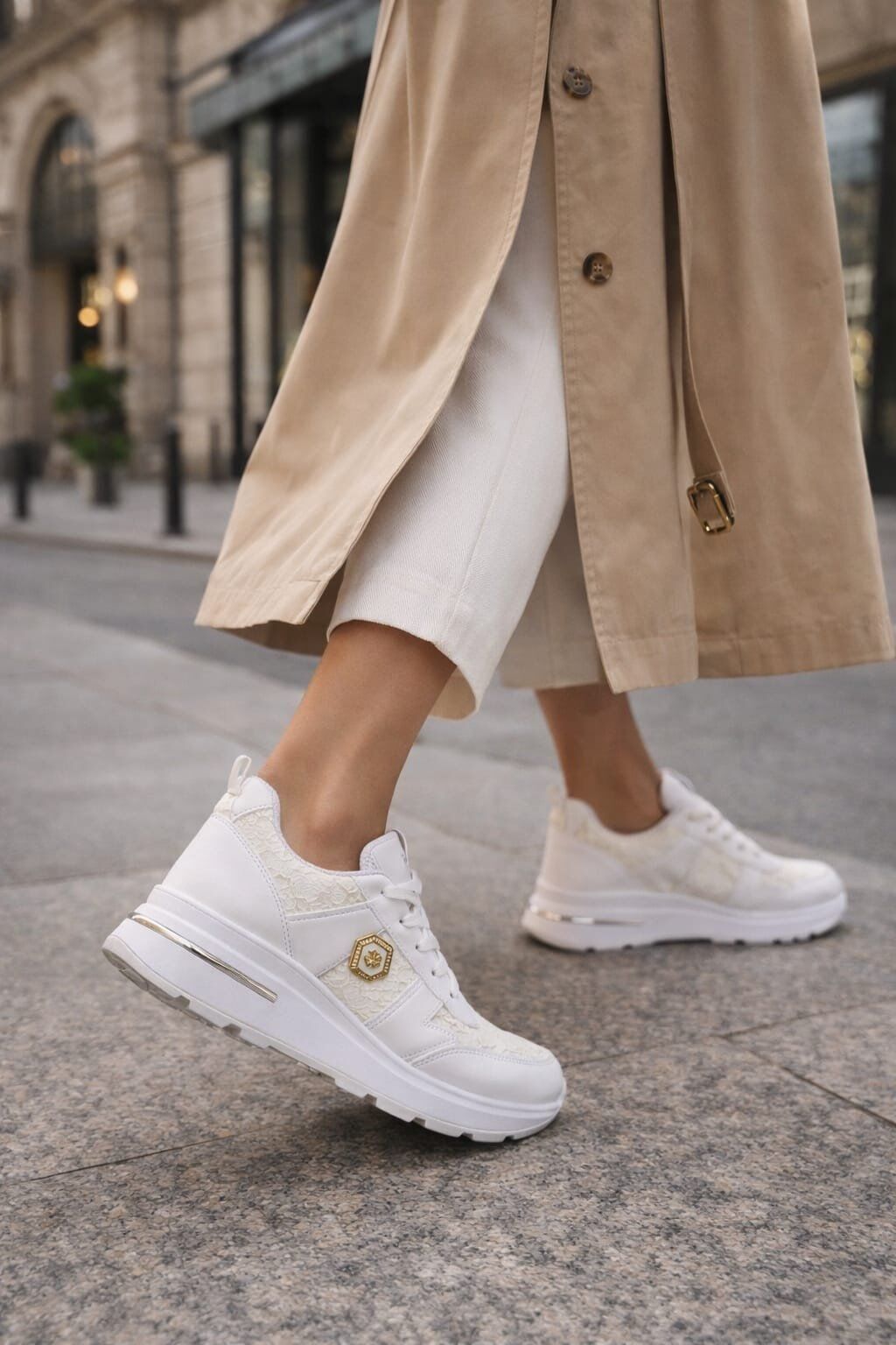 Dantel Detaylı Trend 5 Cm Platform Yüksek Taban Kadın Sneaker Spor Ayakkabı BEYAZ - BEYAZ - 38