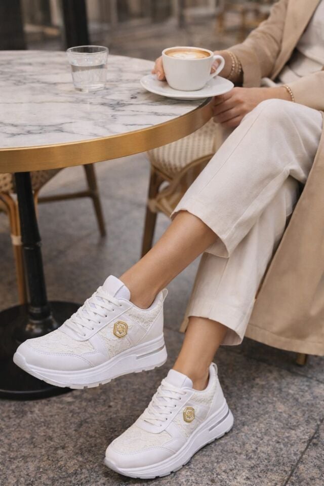 Dantel Detaylı Trend 5 Cm Platform Yüksek Taban Kadın Sneaker Spor Ayakkabı BEYAZ - BEYAZ - 40