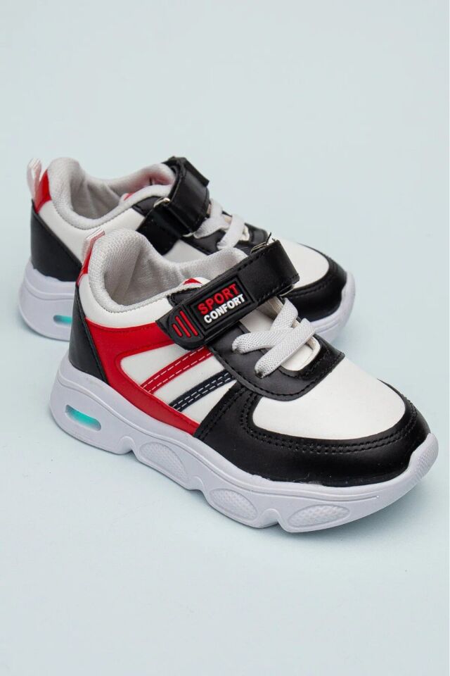 Rahat Hafif Yumuşak Unisex Cırt Cırtlı Işıklı Çocuk Sneaker -Spor Ayakkabı SİYAH-KIRMIZI - 23