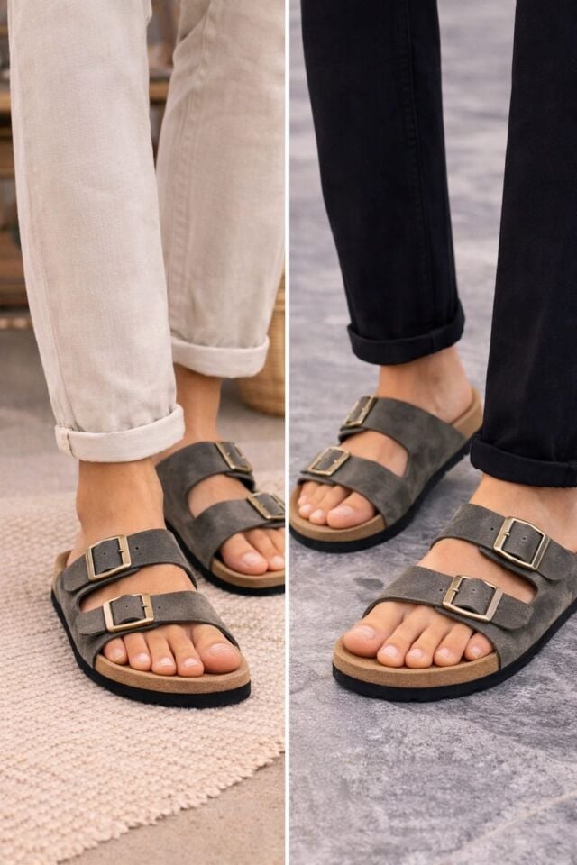 Unisex Çift Tokalı Süet Terlik – Ortopedik Kaymaz Rahat Taban Günlük Rahatlık