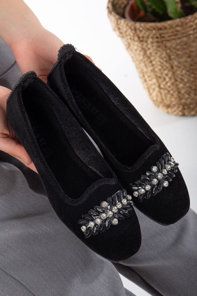 Kadın Babet Hafif Rahat Taban Ortopedik Süet Anne Ayakkabısı SİYAH YAPRAK - 37