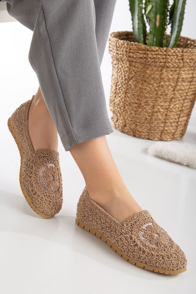 Kadın Örme Babet Ayakkabı Anne Ayakkabı Günlük Ayakkabı Dantel Babet VİZON - 38