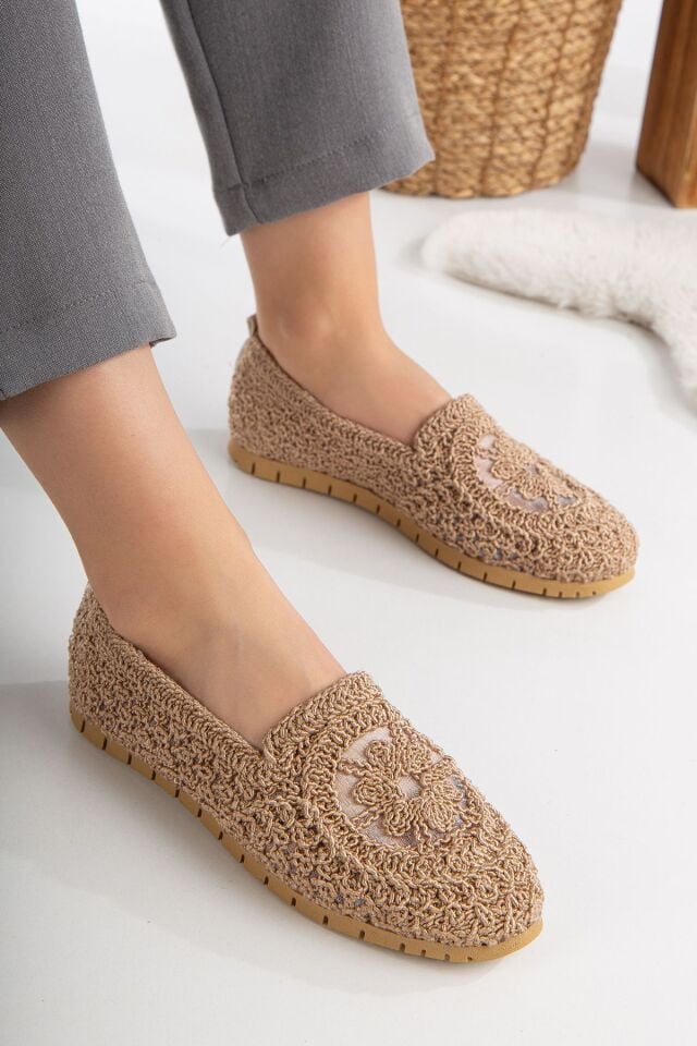 Kadın Örme Babet Ayakkabı Anne Ayakkabı Günlük Ayakkabı Dantel Babet VİZON - 38