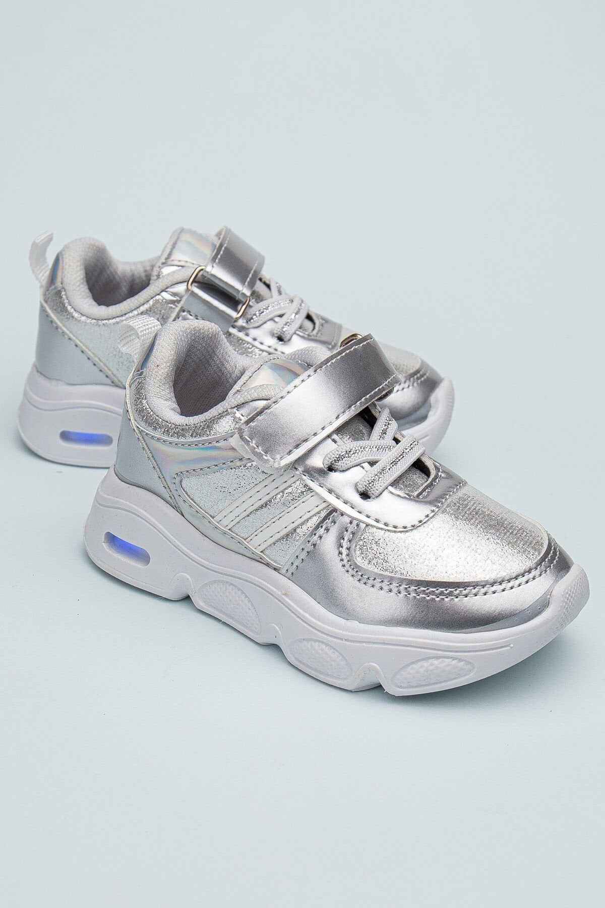 Rahat Hafif Yumuşak Unisex Cırt Cırtlı Işıklı Çocuk Sneaker -Spor Ayakkabı GÜMÜŞ - 22