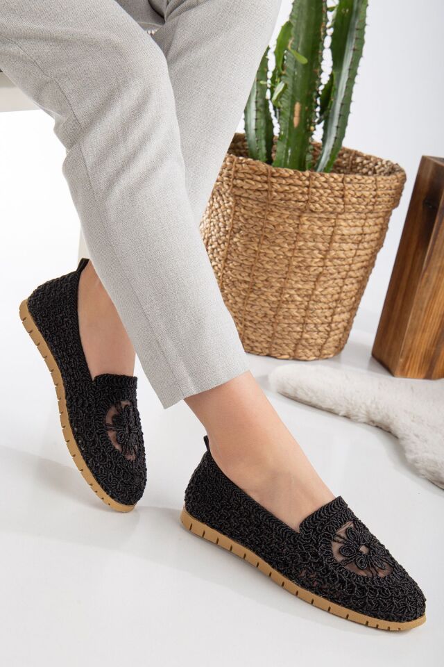 Kadın Örme Babet Ayakkabı Anne Ayakkabı Günlük Ayakkabı Dantel Babet SİYAH - 37