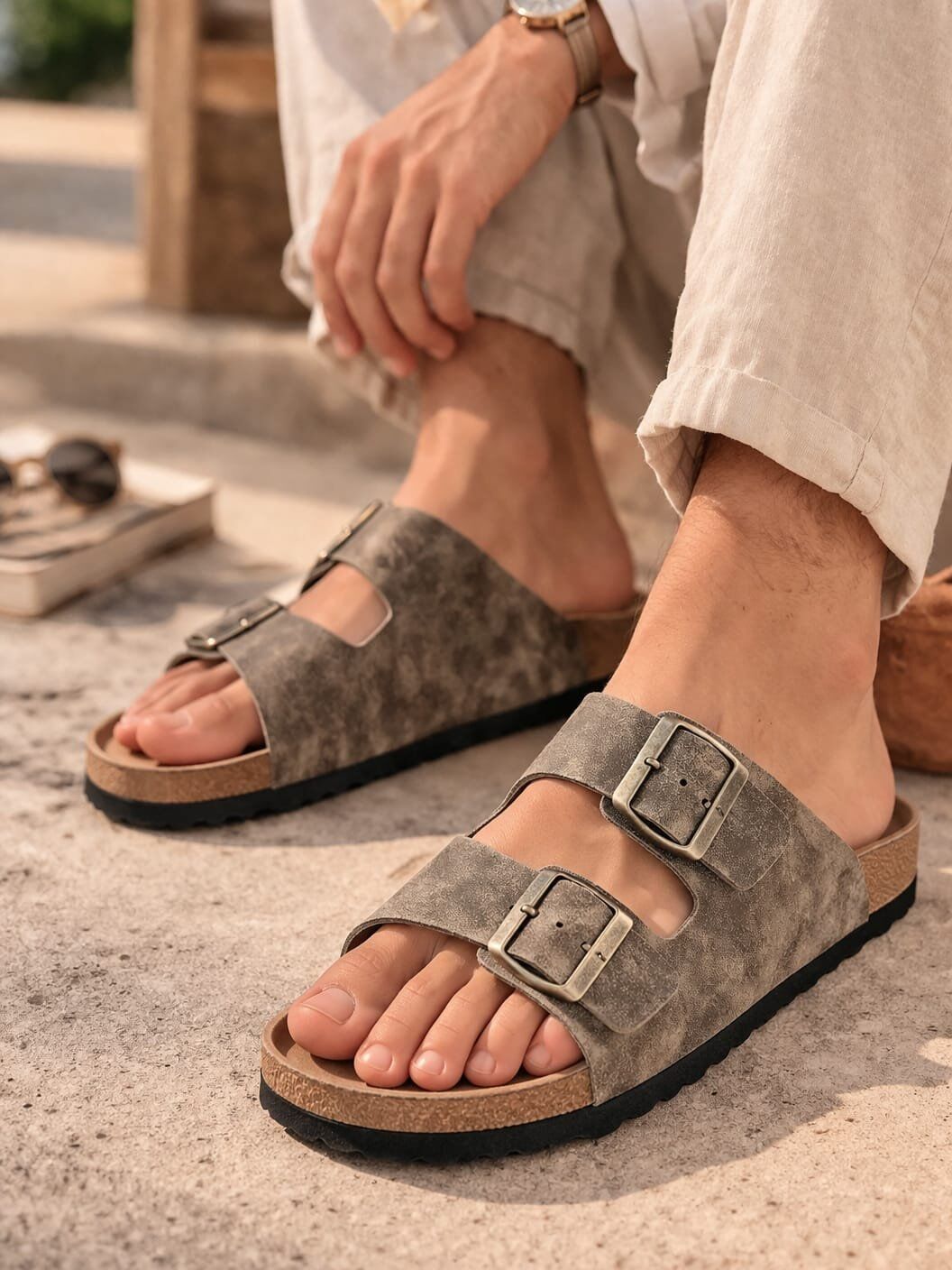 Unisex Çift Tokalı Süet Terlik – Ortopedik Kaymaz Rahat Taban Günlük Rahatlık HAKİ - 45