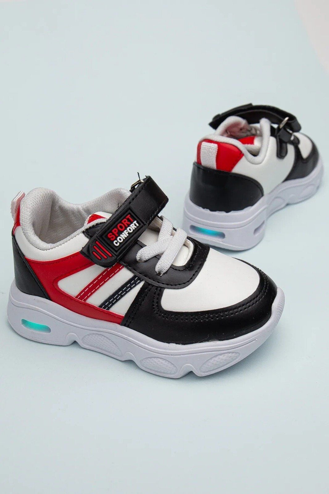 Rahat Hafif Yumuşak Unisex Cırt Cırtlı Işıklı Çocuk Sneaker -Spor Ayakkabı BEYAZ-SİYAH - 22
