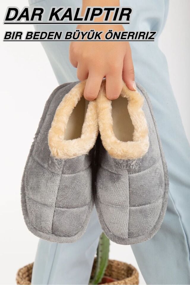 Unisex Peluş Içi Yünlü Kışlık Panduf Ev Pandufu LACİVERT GRİ - 39