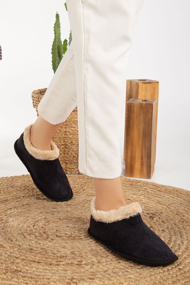 Unisex Peluş Içi Yünlü Kışlık Panduf Ev Pandufu LACİVERT SİYAH - 43