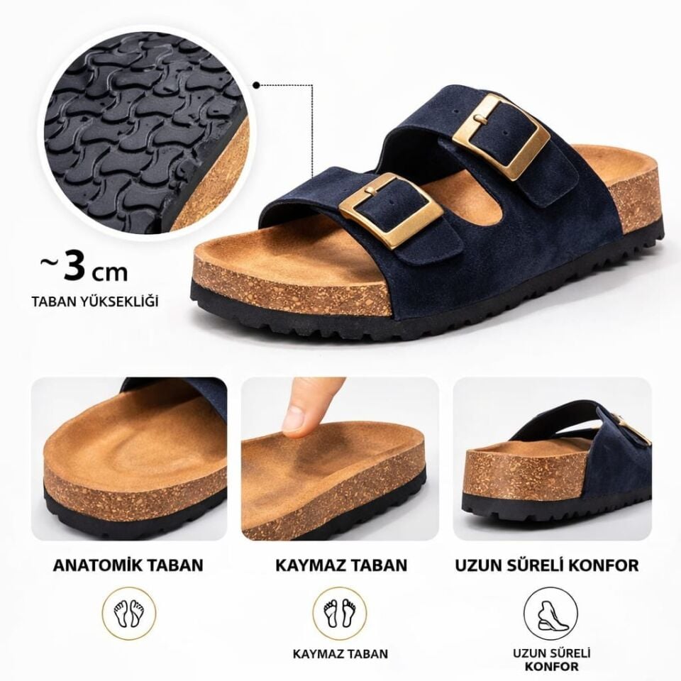 Unisex Çift Tokalı Süet Terlik – Ortopedik Kaymaz Rahat Taban Günlük Rahatlık SİYAH - 45
