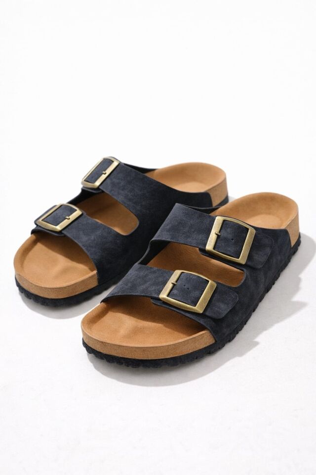 Unisex Çift Tokalı Süet Terlik – Ortopedik Kaymaz Rahat Taban Günlük Rahatlık SİYAH - 45