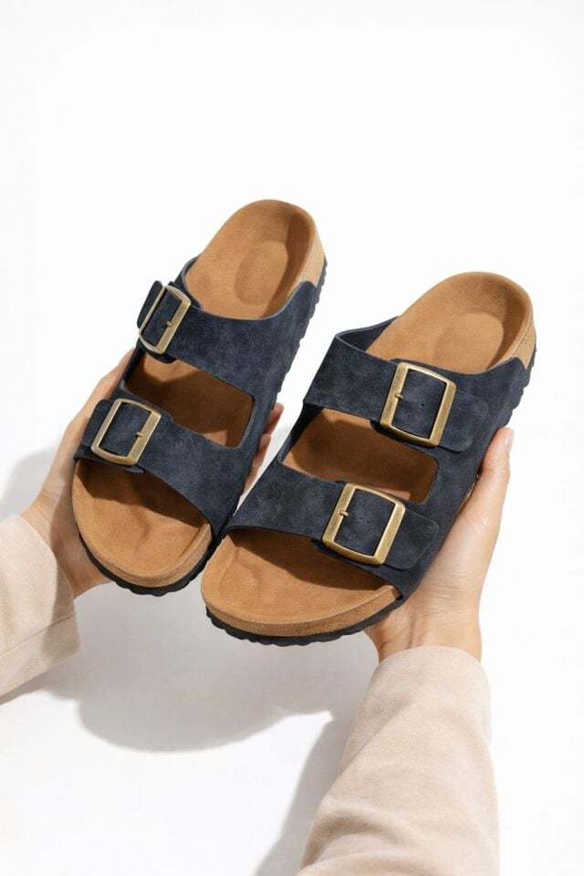 Unisex Çift Tokalı Süet Terlik – Ortopedik Kaymaz Rahat Taban Günlük Rahatlık SİYAH - 45