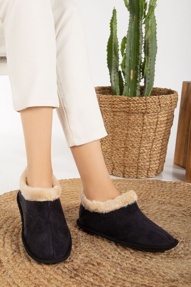 Unisex Peluş Içi Yünlü Kışlık Panduf Ev Pandufu LACİVERT SİYAH - 38