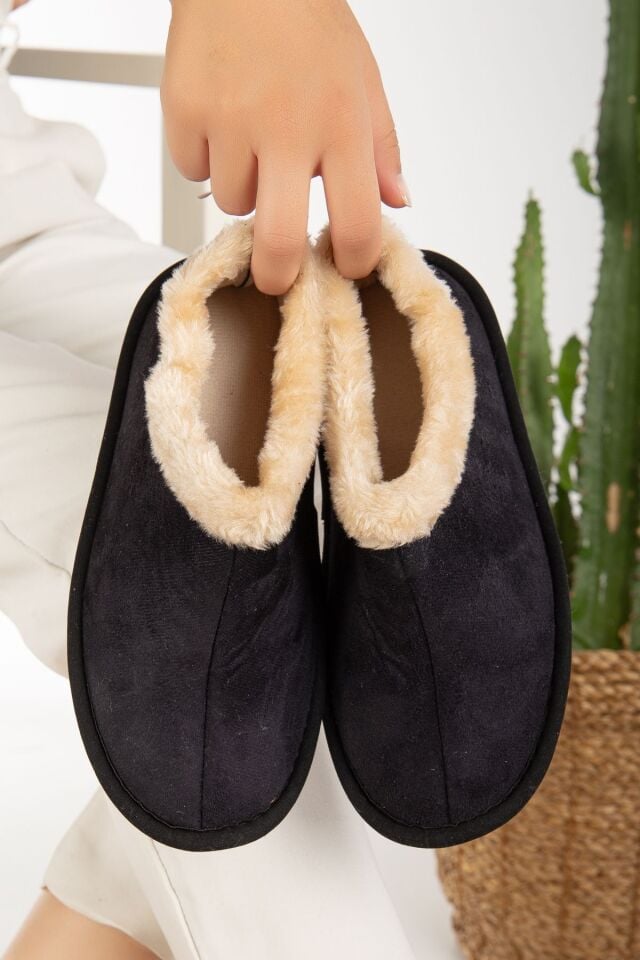Unisex Peluş Içi Yünlü Kışlık Panduf Ev Pandufu LACİVERT SİYAH - 38