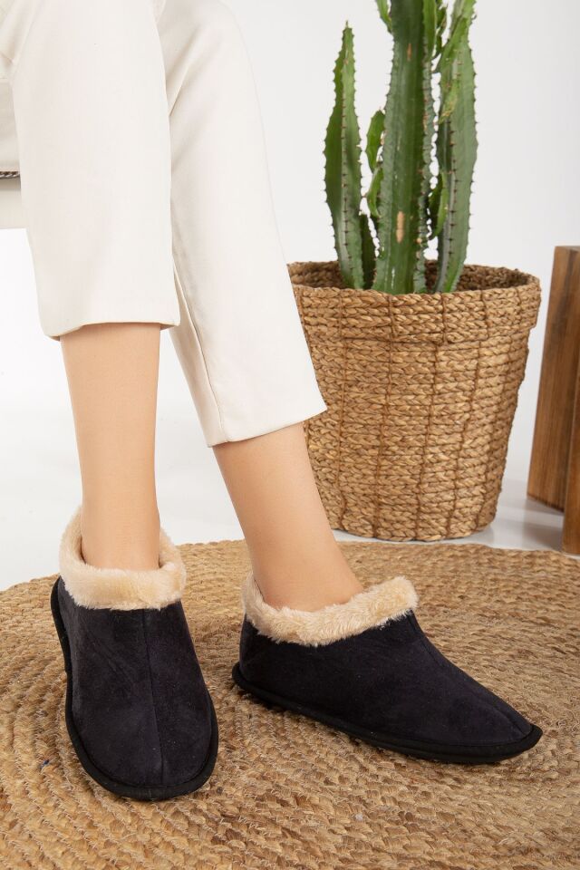 Unisex Peluş Içi Yünlü Kışlık Panduf Ev Pandufu LACİVERT SİYAH - 38