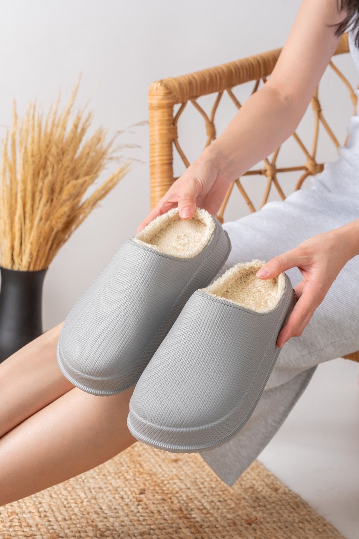 Kapalı Içi Yünlü Unisex Ev Terliği Kışlık Terlik Su Geçirmez GRİ - 41