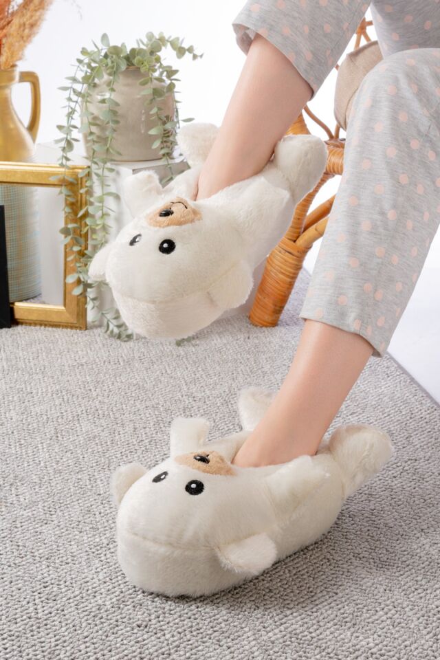 Ayıcık Figürlü Peluş Panduf Ev Pandufu Unisex EKRU - 36-38
