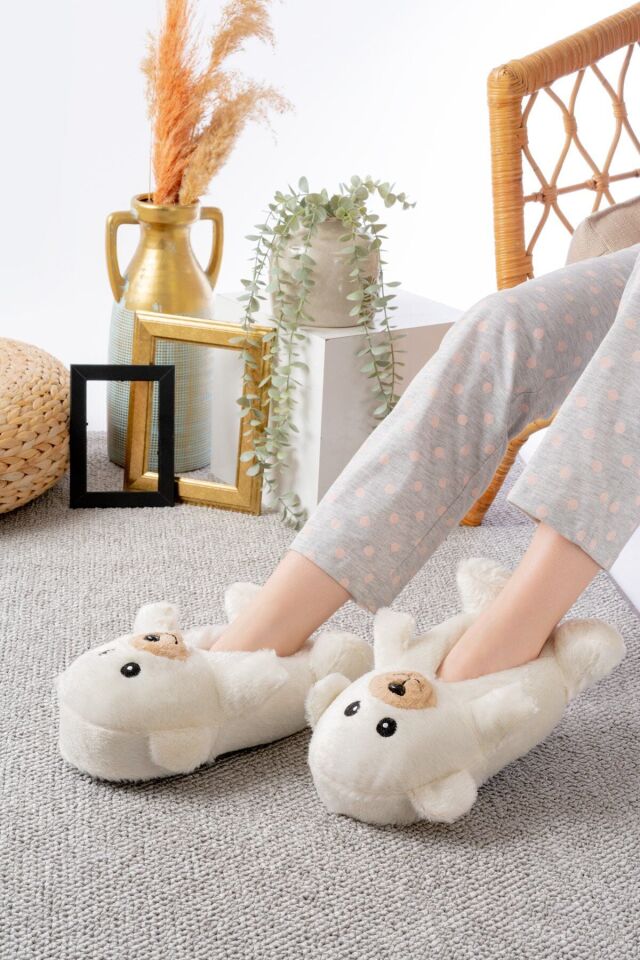 Ayıcık Figürlü Peluş Panduf Ev Pandufu Unisex EKRU - 36-38