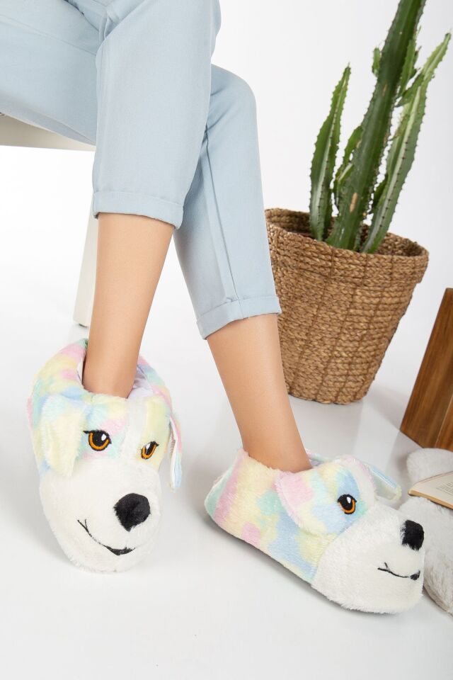 Köpek Figürlü Pudra Peluş Panduf Ev Pandufu