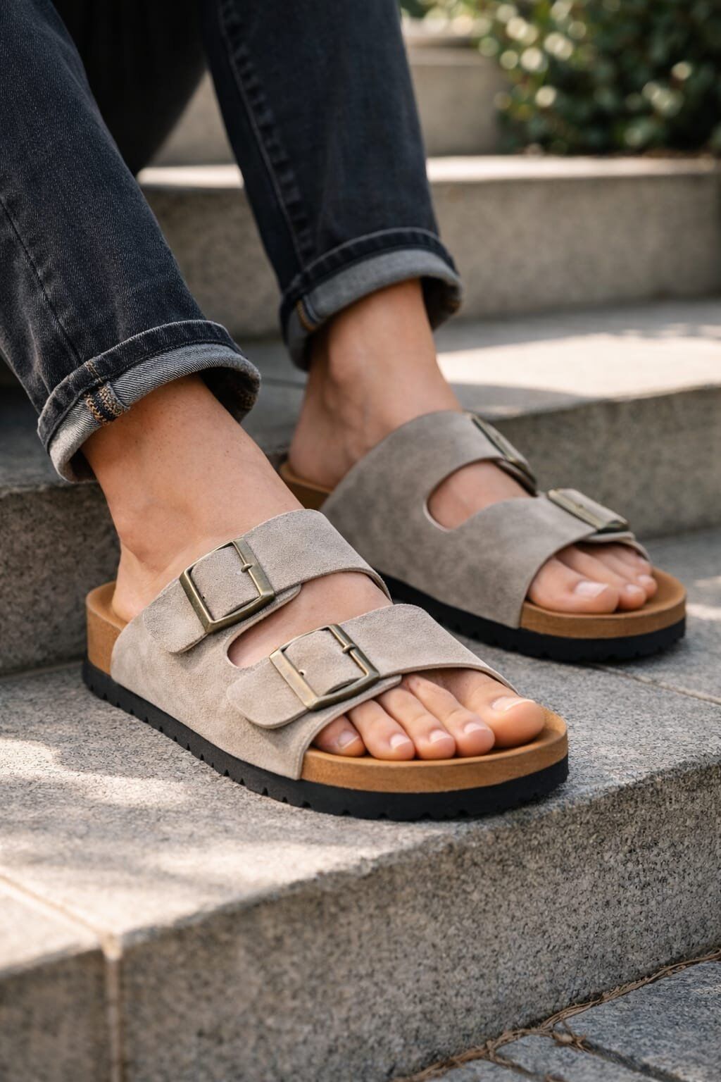 Unisex Çift Tokalı Süet Terlik – Ortopedik Kaymaz Rahat Taban Günlük Rahatlık VİZON - 45