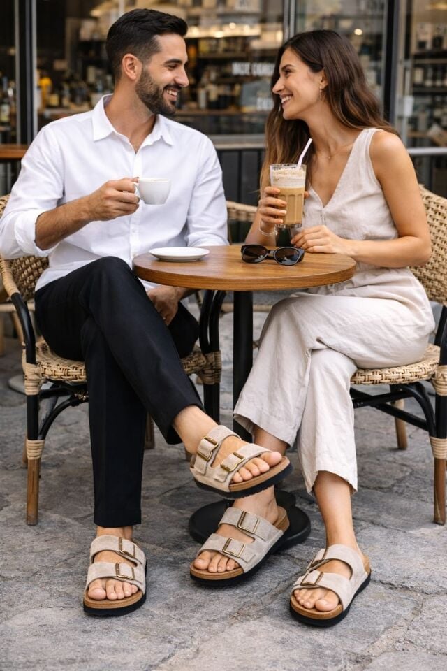 Unisex Çift Tokalı Süet Terlik – Ortopedik Kaymaz Rahat Taban Günlük Rahatlık VİZON - 45