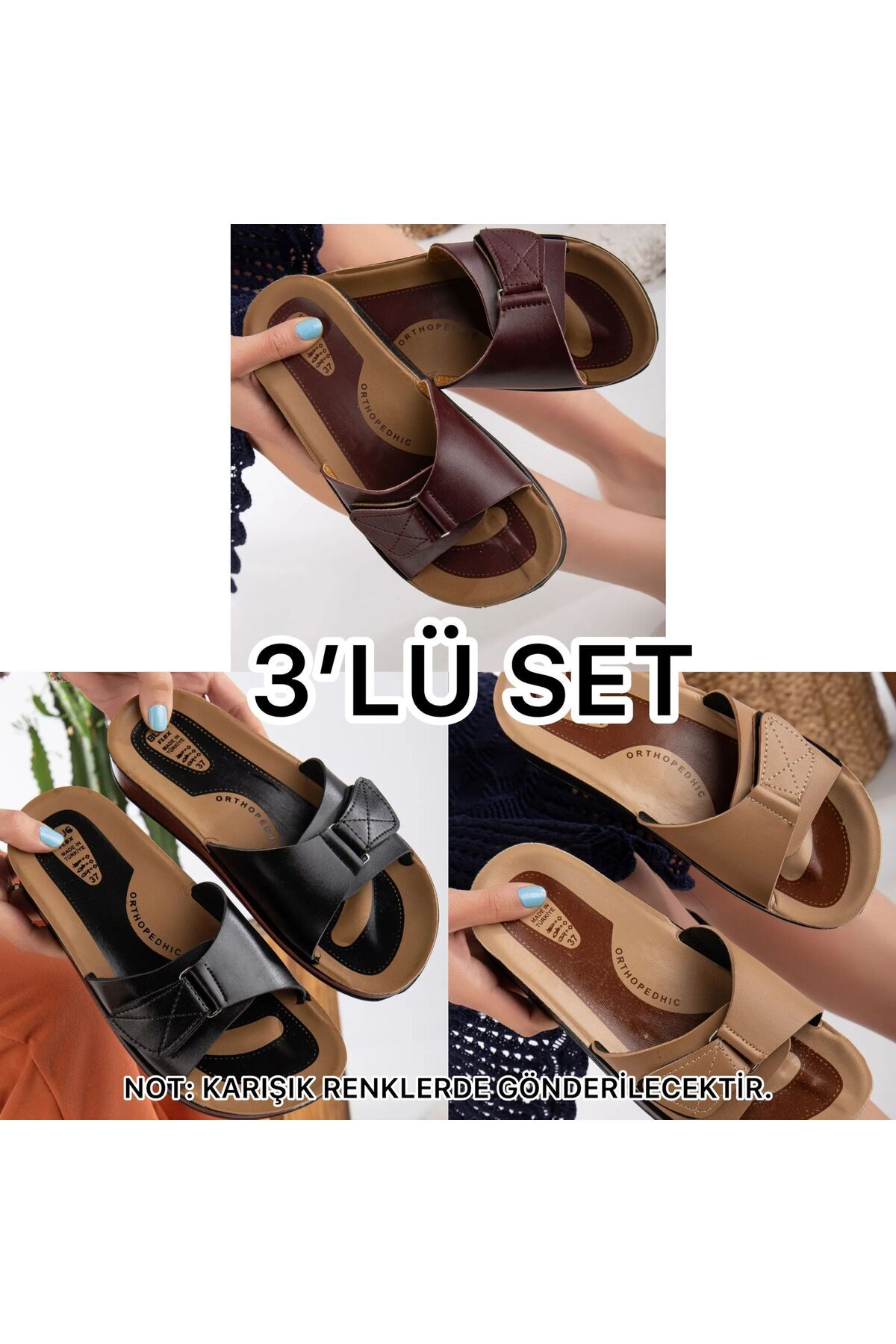 3'lü Kadın Kaymaz Sokak Plaj Banyo Yazlık Gündelik Terlik ÜÇLÜ ANNE CIRTLI - 39