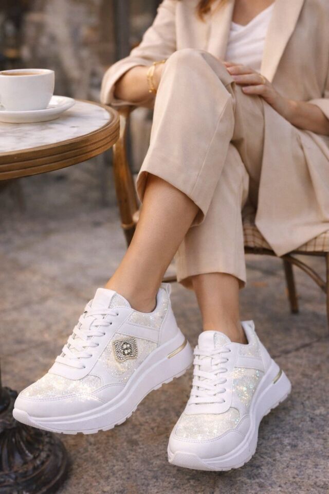 Taşlı Işıltılı Trend 5 Cm Platform Kadın Sneaker Kalın taban Spor Ayakkabı BEYAZ-BEYAZ - 40