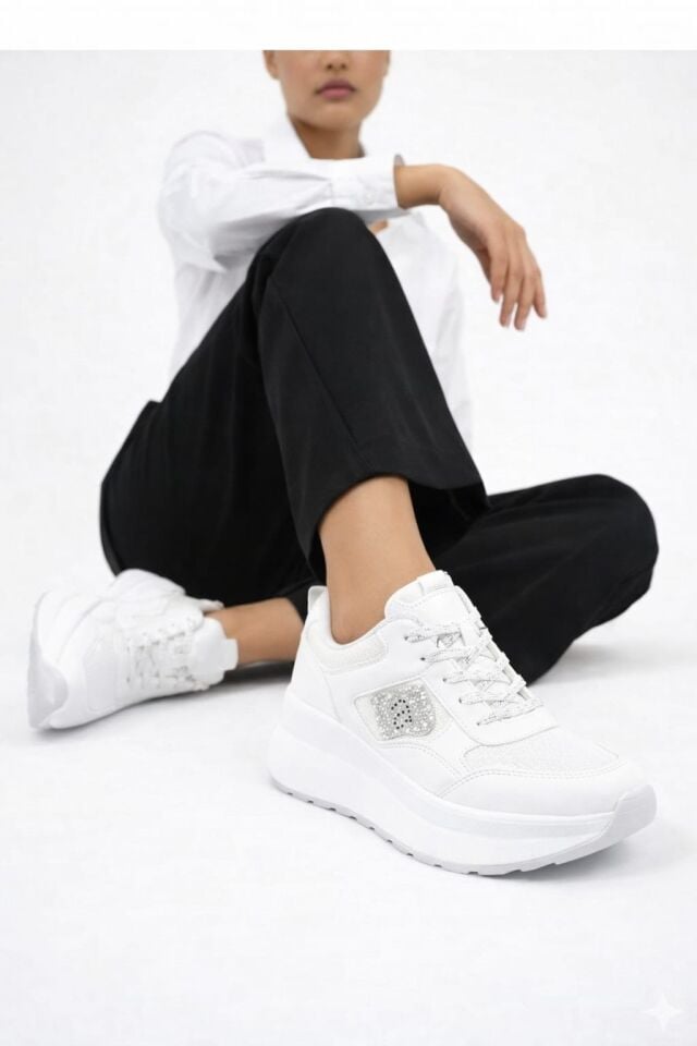 Taşlı Işıltılı Trend 5 Cm Platform Kadın Sneaker Kalın taban Spor Ayakkabı BEYAZ-BEYAZ - 40