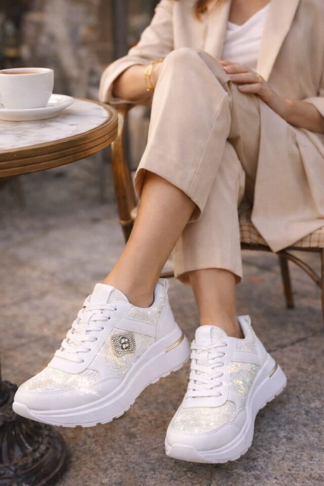 Taşlı Işıltılı Trend 5 Cm Platform Kadın Sneaker Kalın taban Spor Ayakkabı BEYAZ-BEYAZ - 40