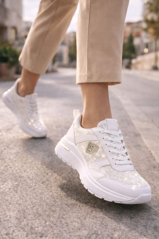 Taşlı Işıltılı Trend 5 Cm Platform Kadın Sneaker Kalın taban Spor Ayakkabı BEYAZ-BEYAZ - 40