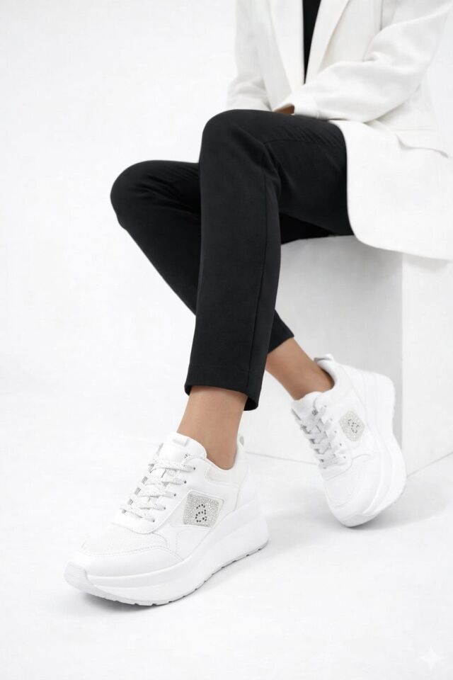 Taşlı Işıltılı Trend 5 Cm Platform Kadın Sneaker Kalın taban Spor Ayakkabı BEYAZ-BEYAZ - 40