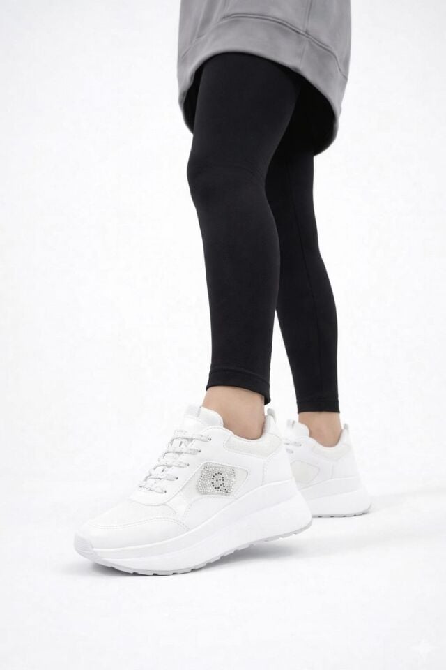Taşlı Işıltılı Trend 5 Cm Platform Kadın Sneaker Kalın taban Spor Ayakkabı BEYAZ-BEYAZ - 40