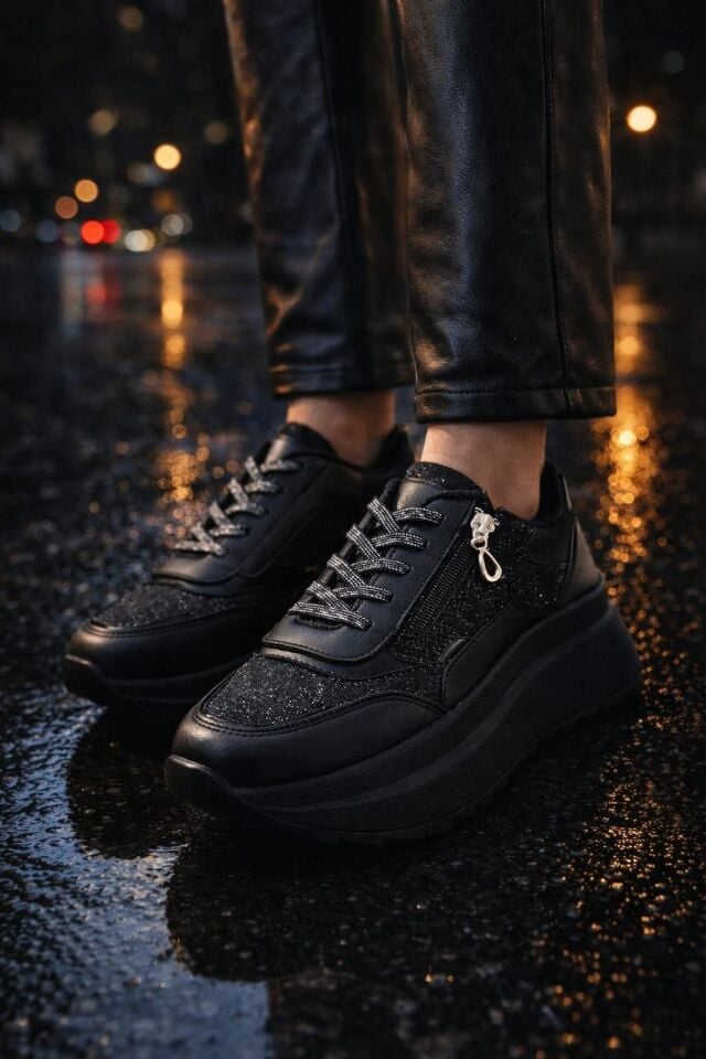 Yan Fermuarlı Işıltılı Trend 5 Cm Platform Kadın Sneaker Spor Ayakkabı SİYAH-SİYAH - 39