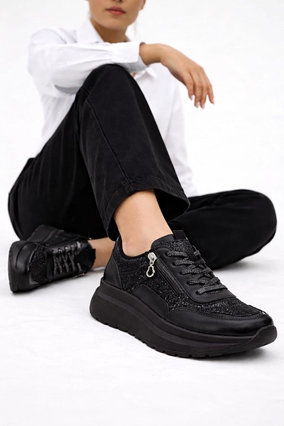 Yan Fermuarlı Işıltılı Trend 5 Cm Platform Kadın Sneaker Spor Ayakkabı SİYAH-SİYAH - 39