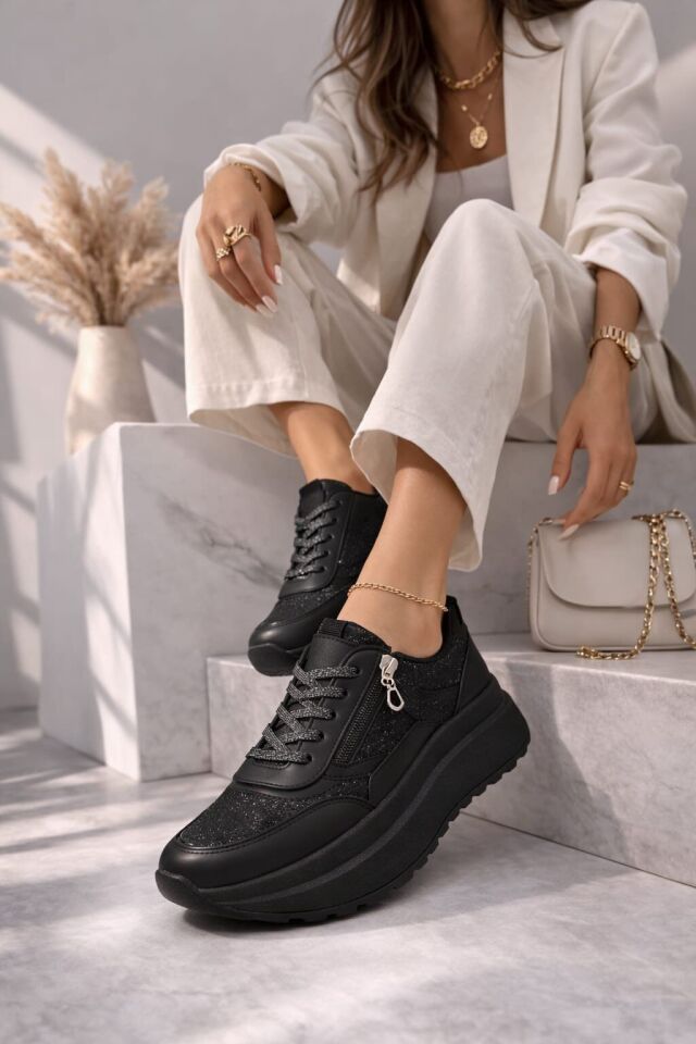 Yan Fermuarlı Işıltılı Trend 5 Cm Platform Kadın Sneaker Spor Ayakkabı SİYAH-SİYAH - 39