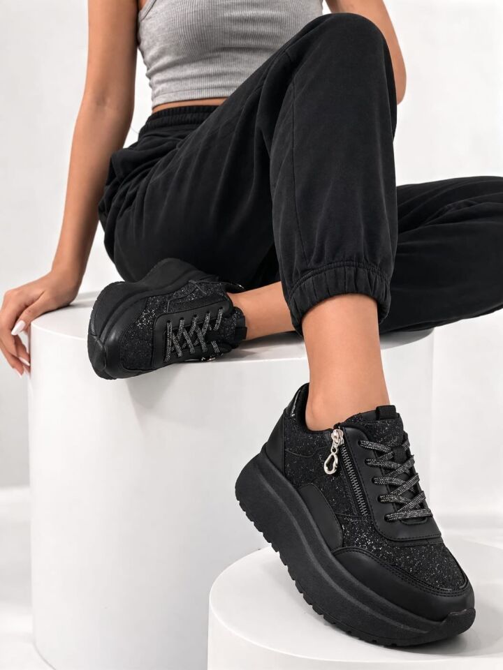 Yan Fermuarlı Işıltılı Trend 5 Cm Platform Kadın Sneaker Spor Ayakkabı SİYAH-SİYAH - 39