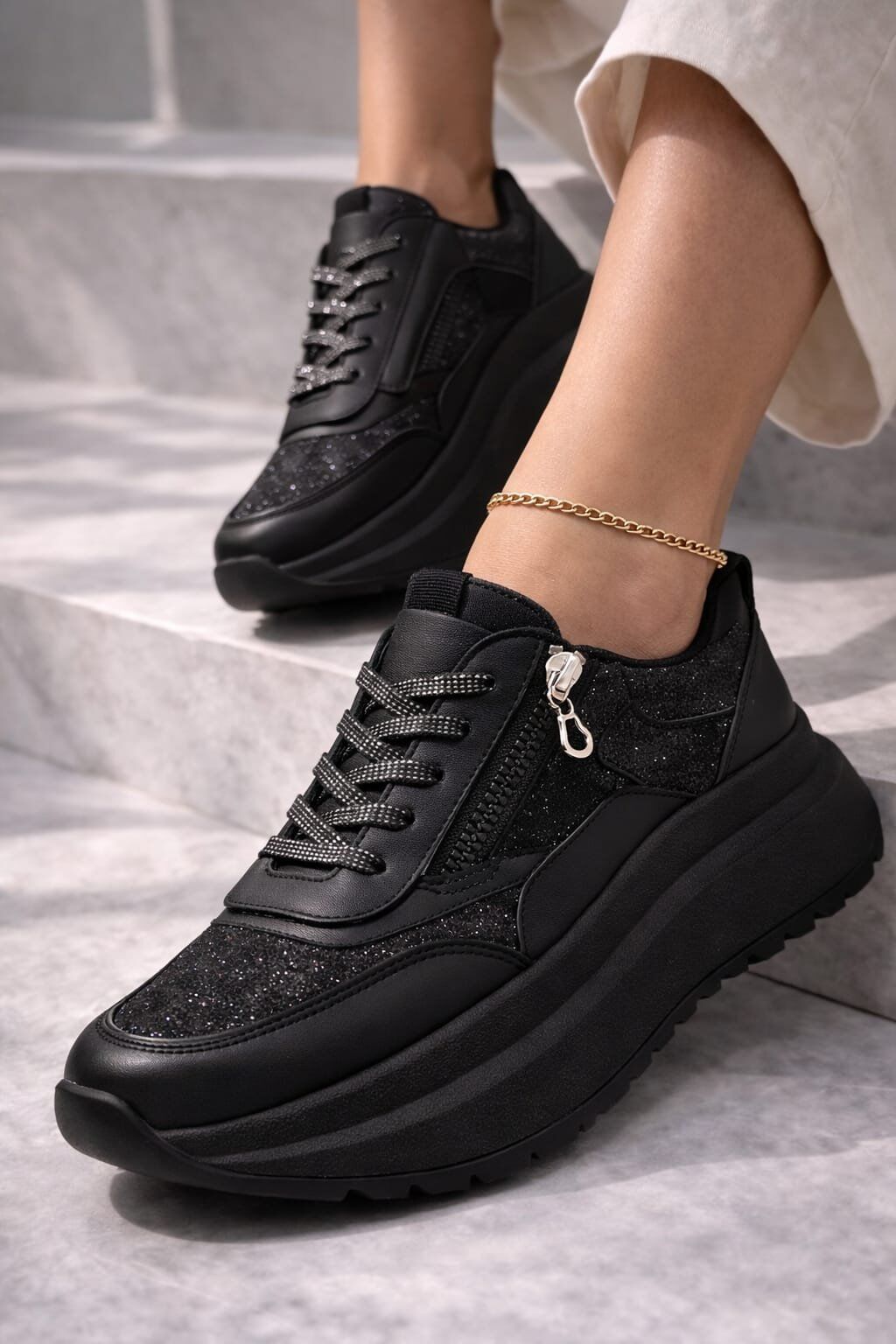 Yan Fermuarlı Işıltılı Trend 5 Cm Platform Kadın Sneaker Spor Ayakkabı SİYAH-SİYAH - 40