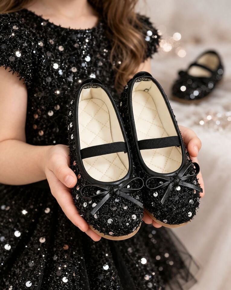 Kız Çocuk Payetli Işıltılı Babet Ayakkabı-Lastikli Rahat Kalıp Fiyonk Detaylı Günlük Ve Özel Gün